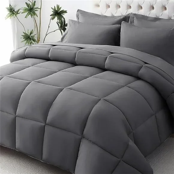 Queen Comforter Set 7 Piece Bed in a Bag Soft Down Alternative Dark Grey
